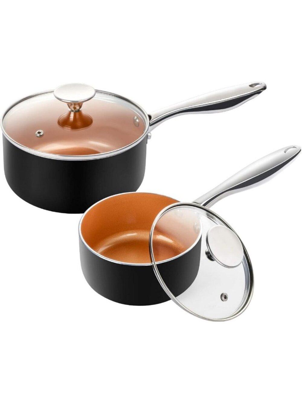 Nonstick Copper Sauce Pan Set 1Qt & 2Qt with Lid - Ceramic Small Pots for